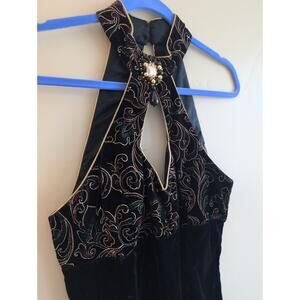 Vintage Gunne Sax Halter Leaf Print Velvet Gold Trim Dress Sz 11/12 80s/90s